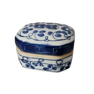 Hand Painted Thailand Vintage Trinket Dish Ceramic Blue White Rectangle